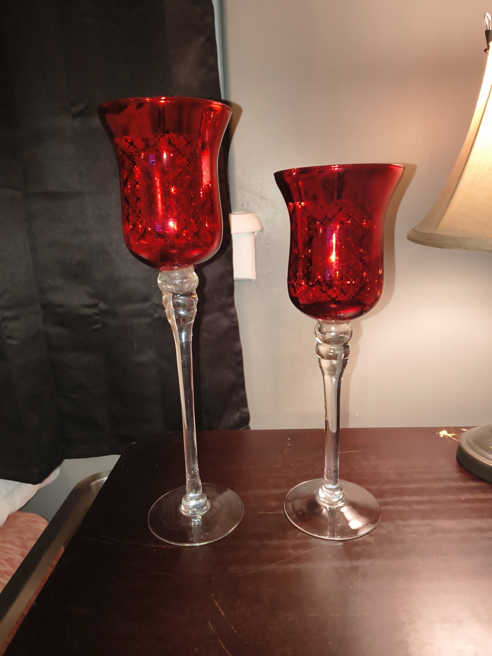 Red Mercury Glass Candle Holders with Tall Clear Stems - Set of 2
